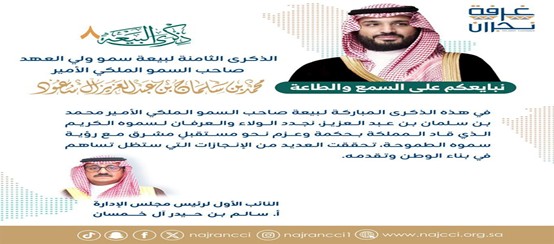 كلمة النائب الأول لرئيس مجلس إدارة غرفة نجران أ. سالم بن حيدر آل خمسان بمناسبة بيعة ولي العهد الثامنة لصاحب السمو الملكي الأمير محمد بن سلمان بن عبد العزيز"حفظه الله ورعاه".